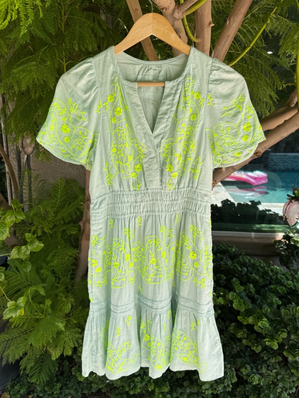 Anthropologie Somerset Embroidered Linen Mini Dress Mint Green SP